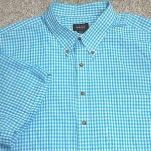 Mens 3XLT Shirt Gingham Check Harbor Bay Blue Teal Short Sleeve Pocket Cotton